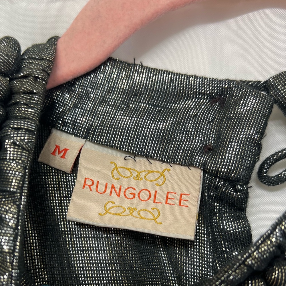 Rungolee Metallic Tunic Top Textured Collar Waist Tie Silver Scalloped Size M - Picture 6 of 9